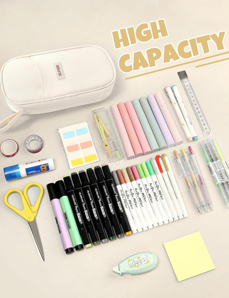 SUNEE Cute Pencil Case, Aesthetic Pen Pouch, Colored Large Pencil Bag with Zipper, Kawaii Stationery Storage and Organizer, School Supplies for Teen and Adult Girls, Beige - Image 4